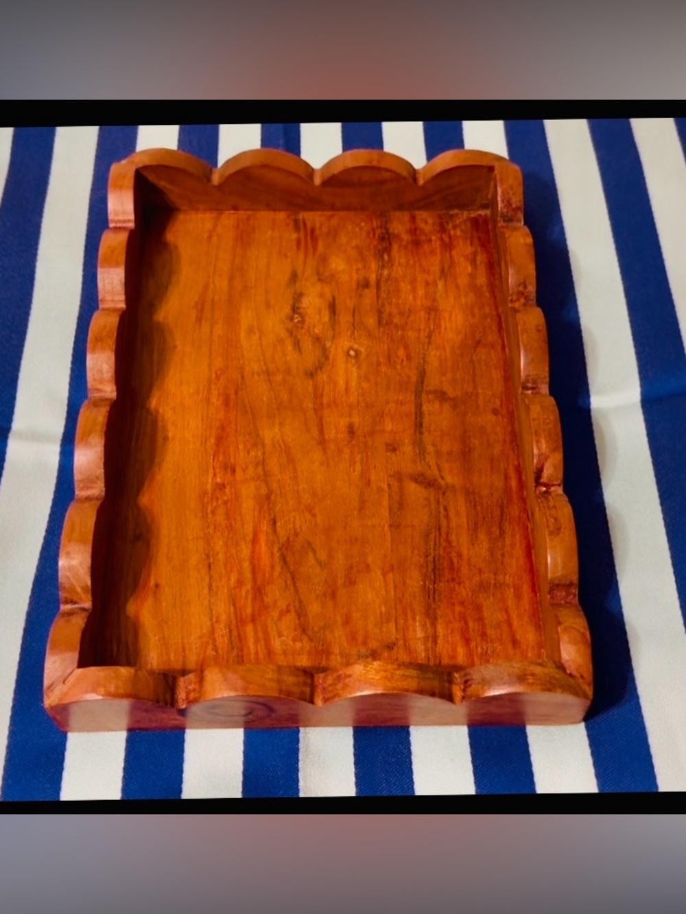 Mid-Century Modern Scalloped Wood Catchall & Serving Tray used.